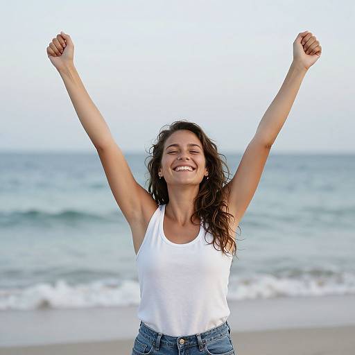 Photograph of a smiling, young woman with wet, curly brown hair, wearing a white tank top and blue jeans, raising both arms triumphantly on