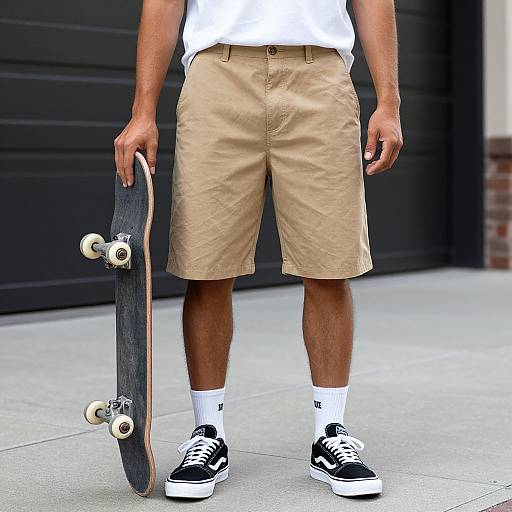 Photograph of a person's lower half in beige shorts, white socks, black sneakers, holding a black skateboard with white wheels. Background: black garage