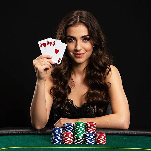Photograph of a smiling brunette woman with long, wavy hair, wearing a black lace top, holding Ace of Hearts while stacking colorful poker chips on
