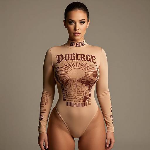 Photograph of a woman with dark hair in a bun, wearing a tight, beige long-sleeve bodysuit with 