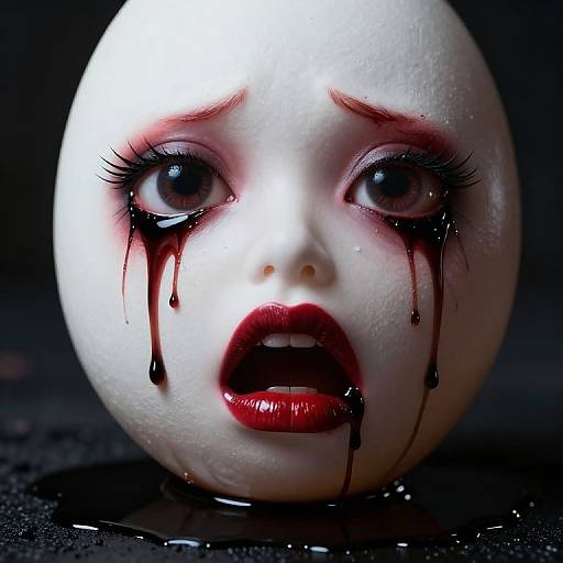 Photograph of a white, spherical doll face with blood tears, red lips, and dark eyes, surrounded by black liquid on a dark background, ev