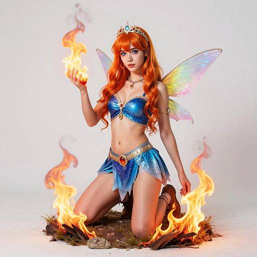 Photograph of a red-haired fairy princess kneeling, holding fire, wearing blue metallic bikini, fairy wings, tiara, and skirt, surrounded by flames