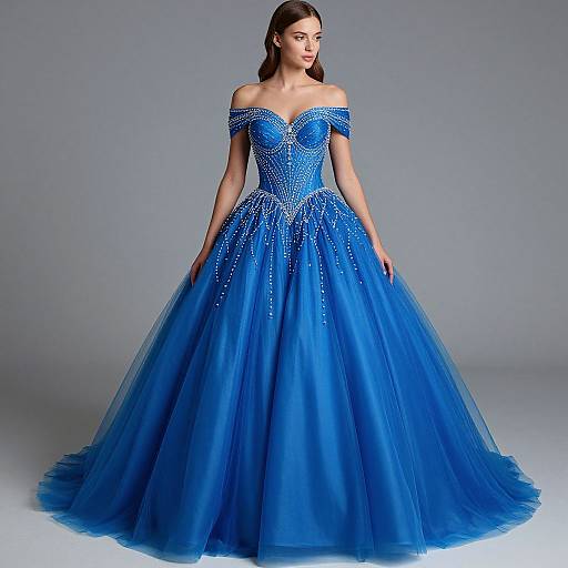 Photograph of a beautiful woman with long brown hair wearing an off-shoulder, blue, glittery ball gown with a full tulle skirt,