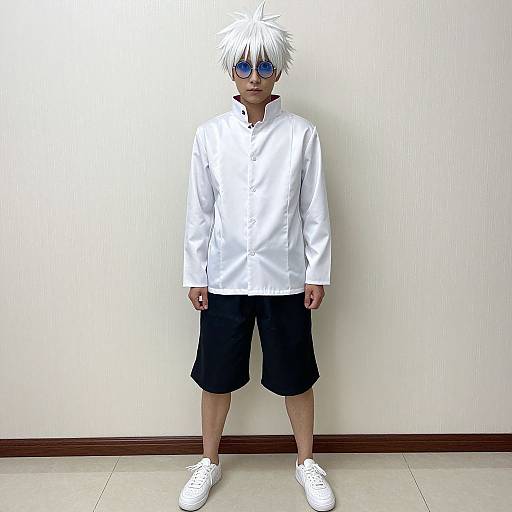 Photograph of a young boy with spiky white hair, blue sunglasses, white shirt, black shorts, and white sneakers, standing against a plain white