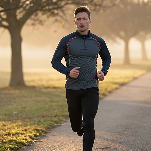 Photograph of a fit, young man with short dark hair, wearing a black long-sleeve athletic shirt and black pants, running on a sun