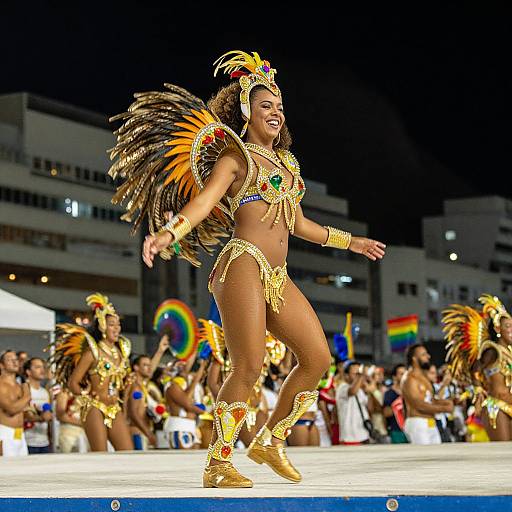 Photograph of a dancing woman in vibrant, gold and feathered Carnival costume, smiling energetically on stage, surrounded by cheering audience.