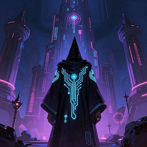 Neon Cyber Wizard in Digital Tower