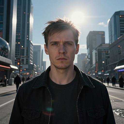 Photograph of a serious, fair-skinned, short-haired man in a black jacket, standing in a sunlit, busy urban street with tall buildings