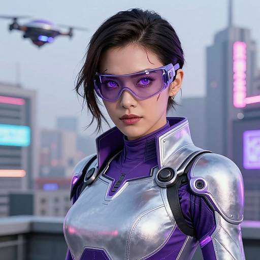 CGI image of an Asian woman with short black hair, purple-tinted visor, and silver-purple armored suit, standing in a futuristic city