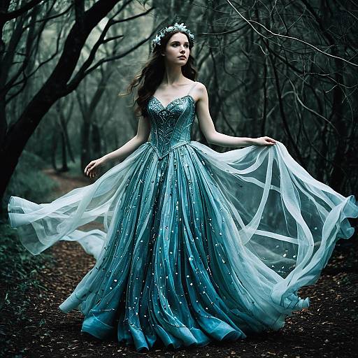 Woman in Flowing Blue Fairy Tale Gown in Enchanted Forest