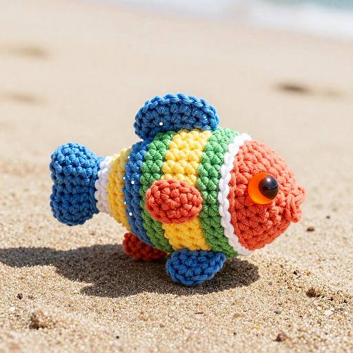 Colorful crocheted fish with blue fins, yellow body, red nose, and green stripes, resting on a sunlit sandy beach. Photograph.