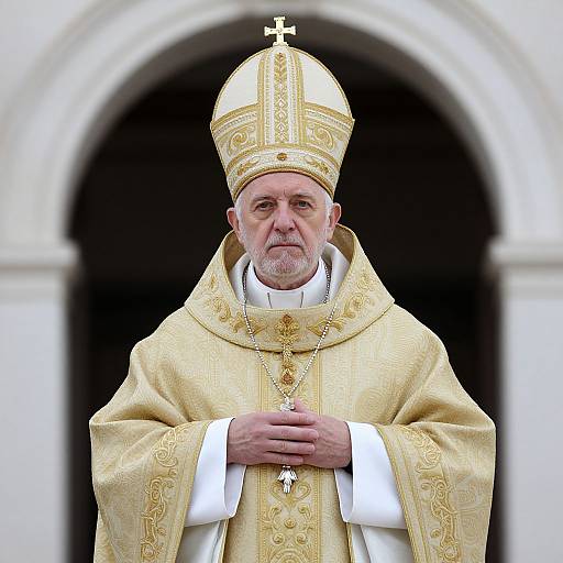 Photograph of Pope Benedict XVI in gold papal regalia, including ornate mitre and cross, standing in front of a white archway.