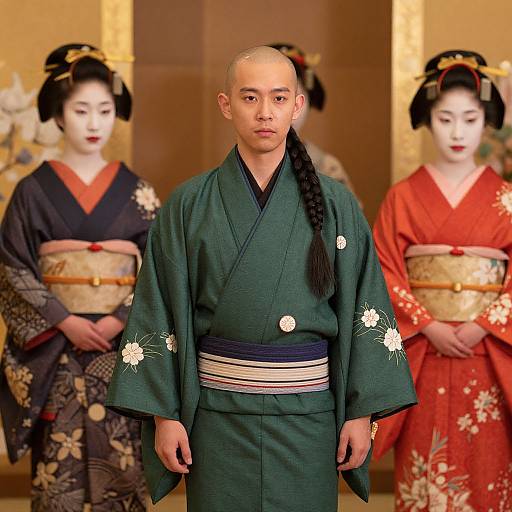 Regal Asian Man in Floral Kimono