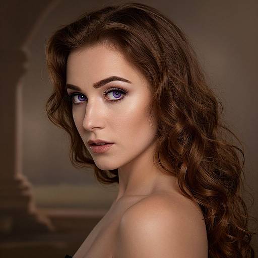 Photorealistic portrait of a fair-skinned woman with long, wavy brown hair and striking blue eyes, gazing intently at the camera.