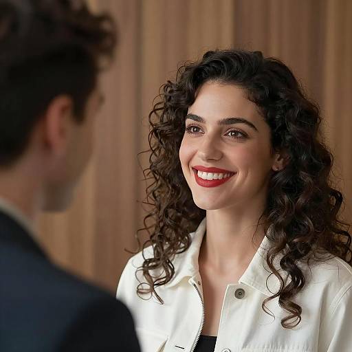 Smiling woman with curly hair indoors