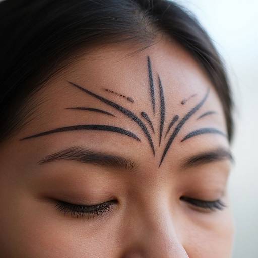 Close-up photograph of a woman's forehead with black, symmetrical, winged henna design, eyes closed, dark hair, light skin, and