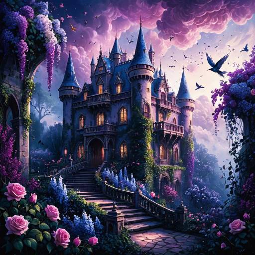 Majestic Fantasy Castle in Blooming Garden
