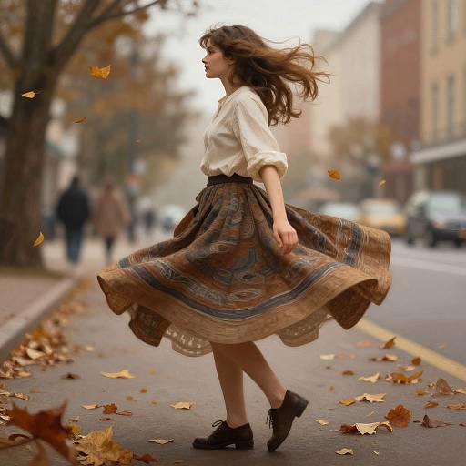 Photograph of a young woman with long brown hair, white blouse, and patterned brown skirt, walking on a leafy autumn street, with blurred