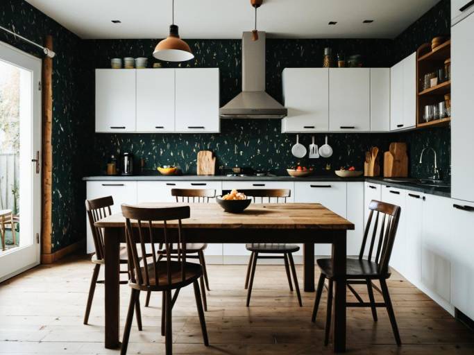 Modern Kitchen with Wooden Dining Table