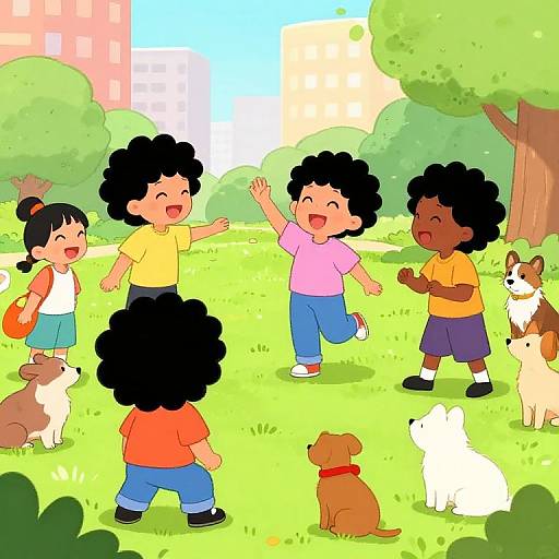 Cartoon illustration of five children with curly black hair, playing in a sunny park with six colorful dogs, surrounded by green trees and buildings.