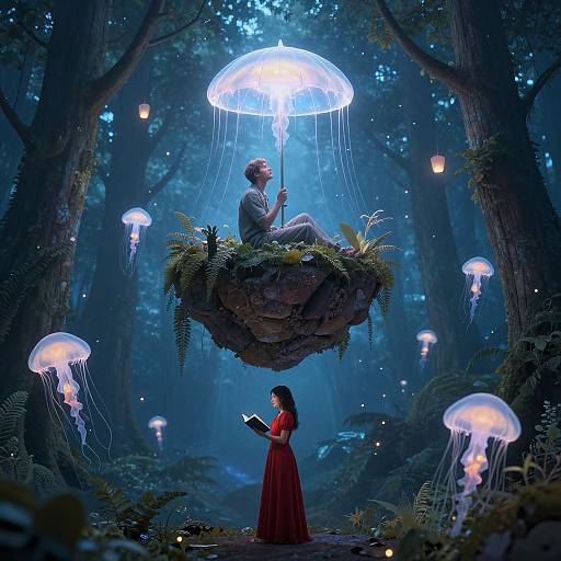 Digital fantasy artwork: A woman in a red dress holds a book, looking up at a man floating on a rock under a glowing jellyfish umbrella in