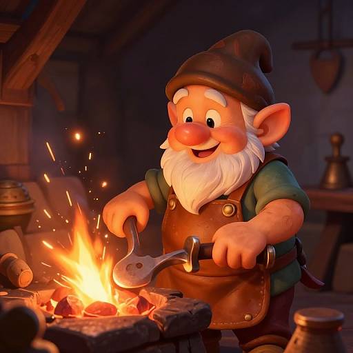 Cartoon elf with white beard and brown hat joyfully stirs fiery forge, sparks flying, wearing green shirt and brown apron, cozy workshop background