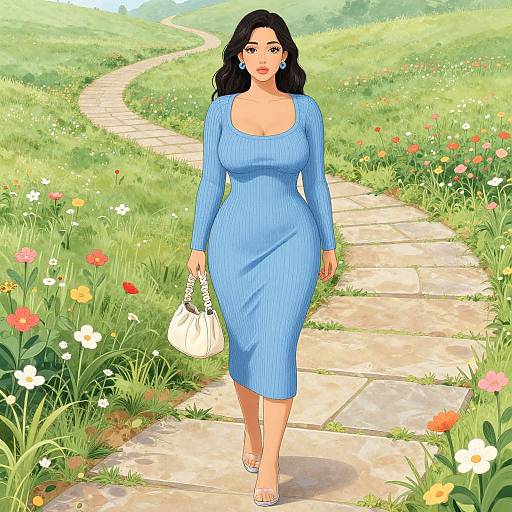 Digital illustration of a curvy woman with long black hair, wearing a blue ribbed dress, white heels, and blue earrings, walking on a stone