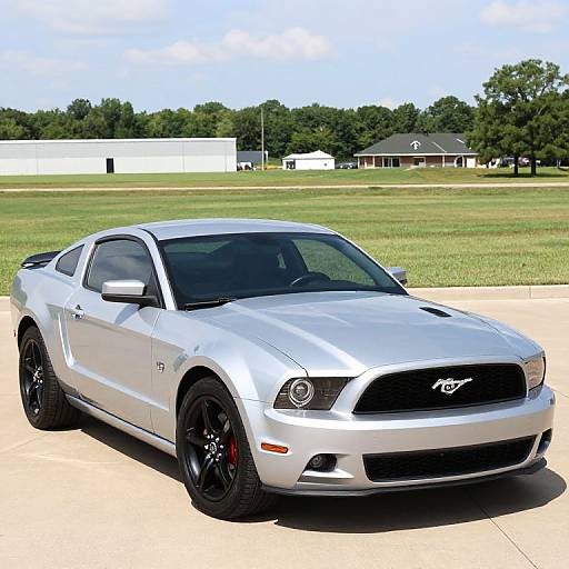 Photograph of a sleek, silver Ford Mustang with black wheels and red brake calipers parked on a concrete surface in a sunny, grassy field with