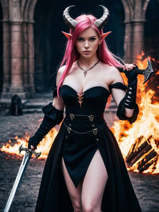 Demon Girl Cosplay with Sword and Fire