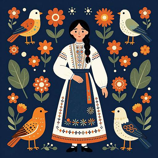 Digital illustration of a young woman in a traditional white and blue embroidered dress surrounded by colorful birds and orange flowers on a dark blue background.