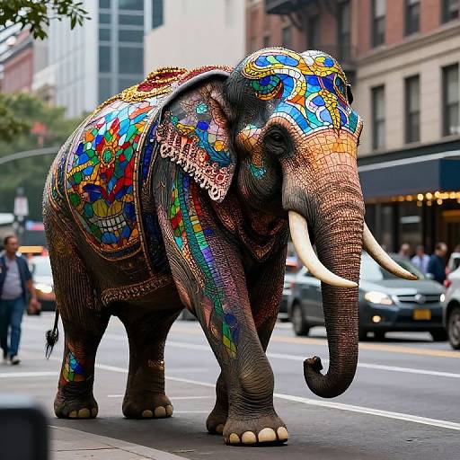 Majestic Stained-Glass Elephant in City