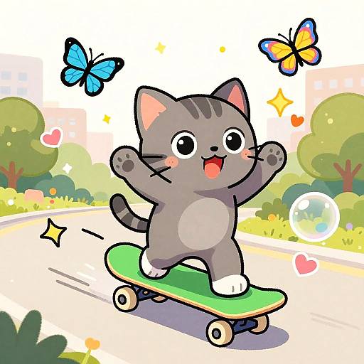 Playful Kitten Skateboarding Illustration