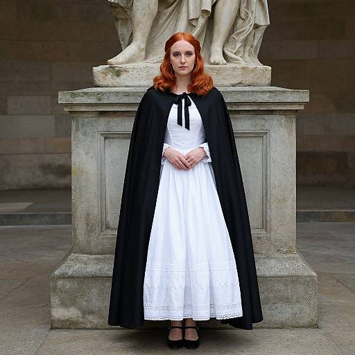 Photograph of a fair-skinned woman with red hair, wearing a black cape over a white, lace-trimmed dress, standing in front of