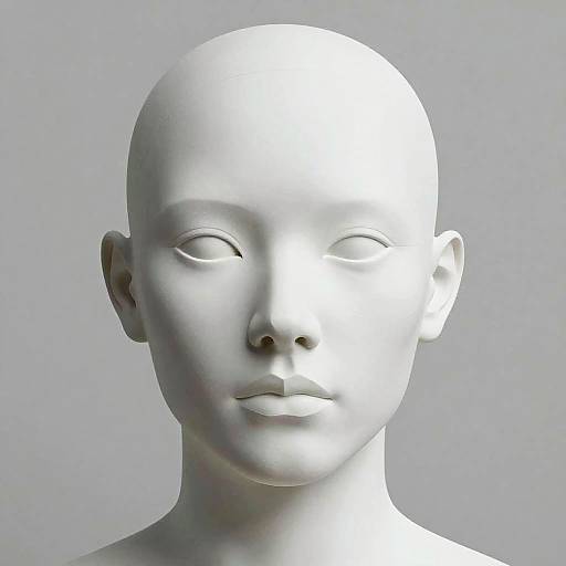 Photorealistic CGI of a bald, featureless white human head with closed eyes, smooth texture, and subtle shadows on a gray background.