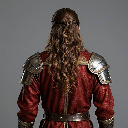 Photograph of a character with long, wavy brown hair in a braid, wearing a red, textured medieval tunic with silver shoulder armor,