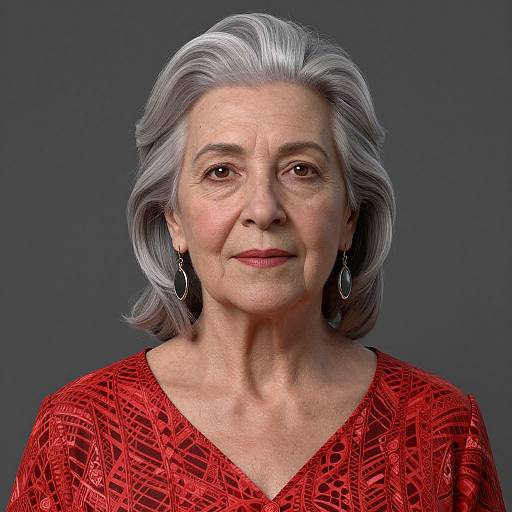 Photograph of an elderly woman with silver hair, wearing a red patterned blouse and black earrings, against a dark gray background.