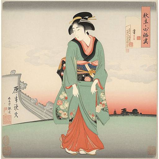 Ukiyo-e woodblock print of a smiling Japanese woman in a green kimono with floral patterns, red skirt, and black hairpins, standing