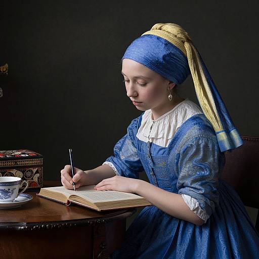 Photograph of a young woman in a blue dress and headscarf, writing in an open book at a wooden table with a teacup.