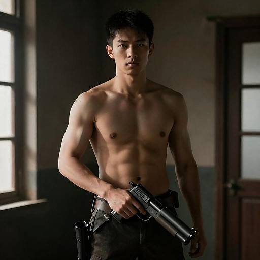 Muscular Man with Gun in Shadows