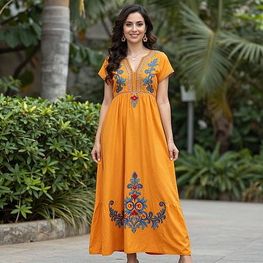 Photograph of a smiling woman with long black hair, wearing an orange dress with blue and red floral embroidery, standing outdoors among lush greenery.