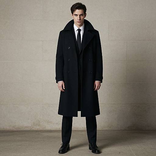 Photograph of a serious-looking man in a long black overcoat, white shirt, black tie, black pants, and black shoes, standing against a