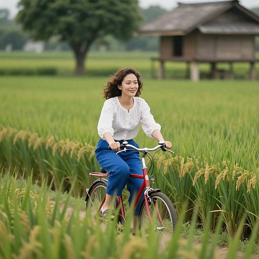 Woman Riding Bicycle Through Rice Paddy