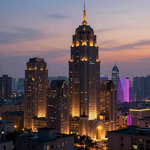 Photograph of a city skyline at twilight, featuring a brightly lit, towering Art Deco building with illuminated windows and neon lights from surrounding skyscrapers