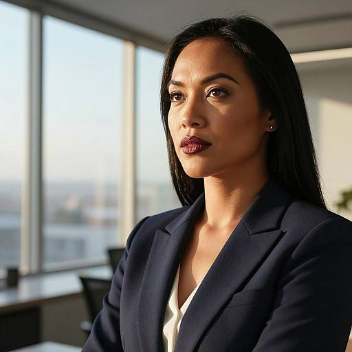 Photograph of a serious-looking woman with long black hair, wearing a navy blazer over a white top, seated in a sunlit office with large