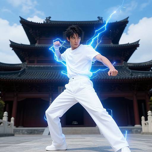 Digital art: Asian martial artist in white uniform with blue electricity, mid-attack stance, traditional Chinese temple in background. Bright sky.