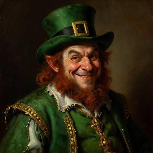 Digital painting of a smiling Irish leprechaun with red beard, green top hat, green vest, gold belt, and dark background.