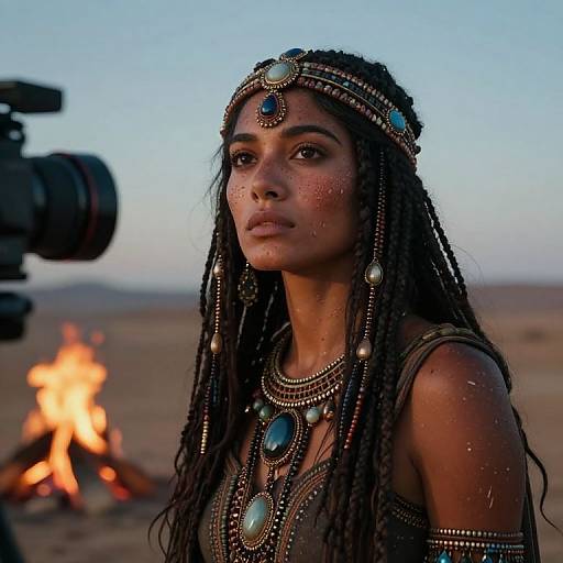 Photograph of a beautiful, dark-skinned woman with long braids, wearing elaborate turquoise jewelry and headpiece, standing in a desert with a camp
