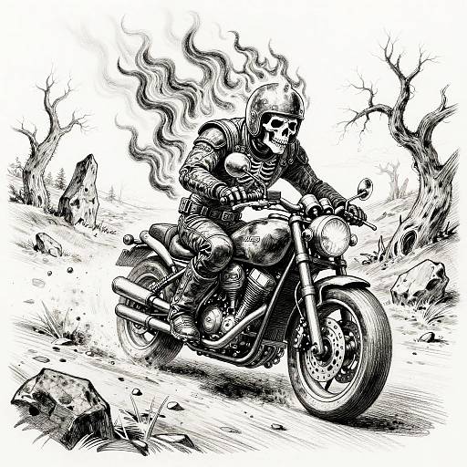 Black-and-white ink drawing of a skeletal biker with flaming hair, wearing a helmet, riding a motorcycle through a desolate, rocky landscape with twisted