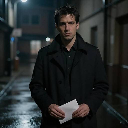 Serious Man Holding Envelope in Rainy Alley