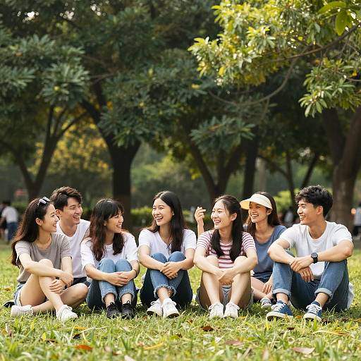 Six Friends Relaxing in Sunlit Park